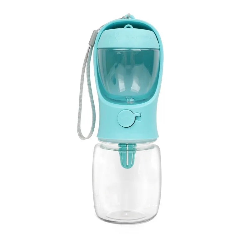 Portable dual-use dog water bottle with split grain cup design in blue, pink, or white colours
