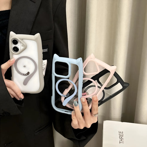 Transparent acrylic TPU iPhone 17 phone case showing magnetic suction and shockproof protection features