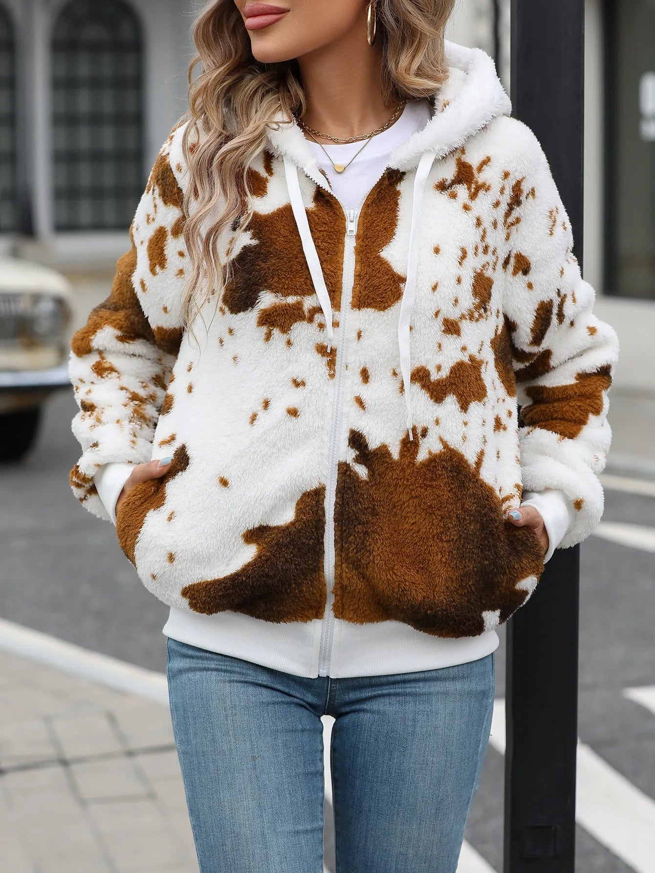 Yellow brown cow animal print hooded cardigan jacket with front zipper and regular sleeves