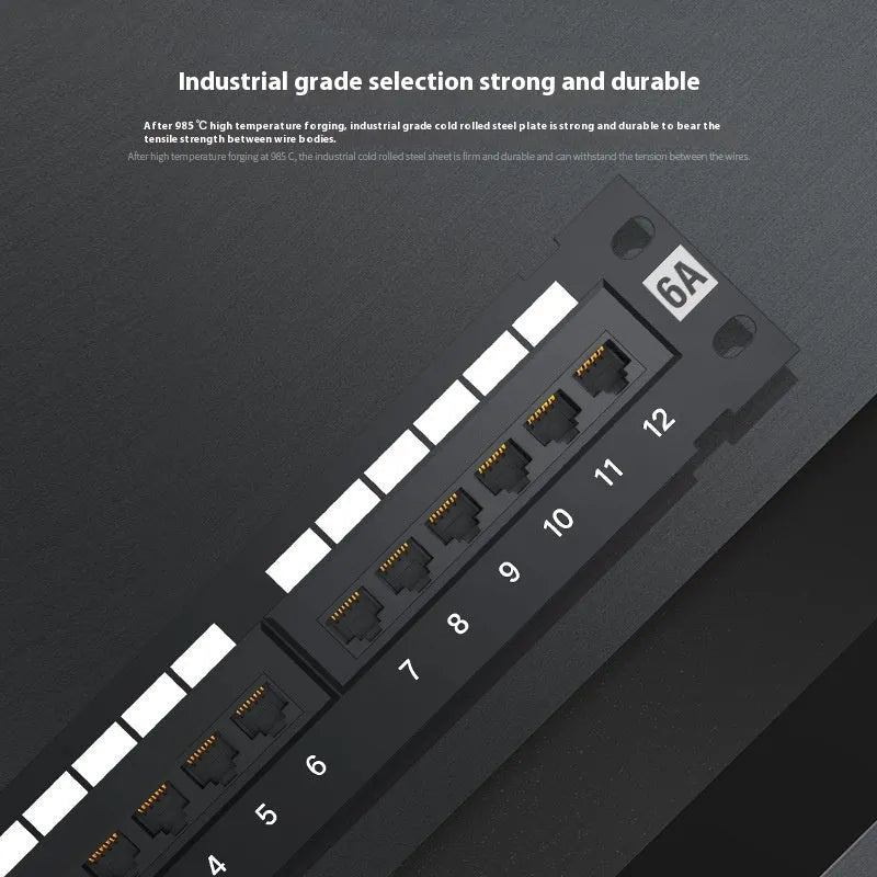 Black 12-port steel network distribution frame with hook bracket and included installation accessories.