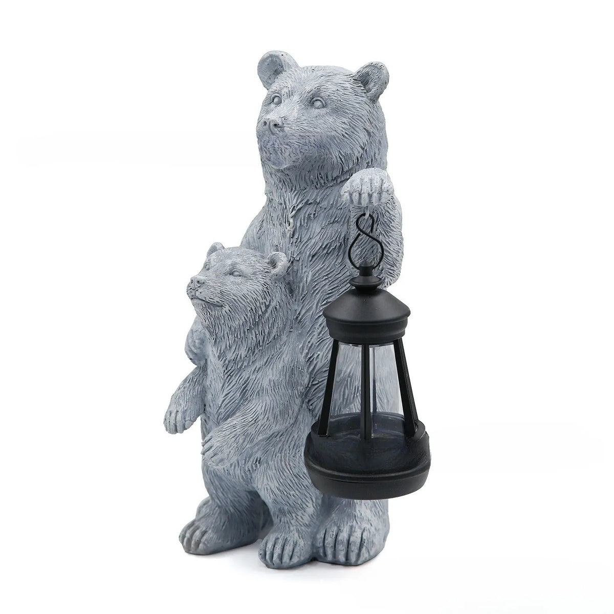 Resin black bear mother and child lantern ornament on a wooden shelf