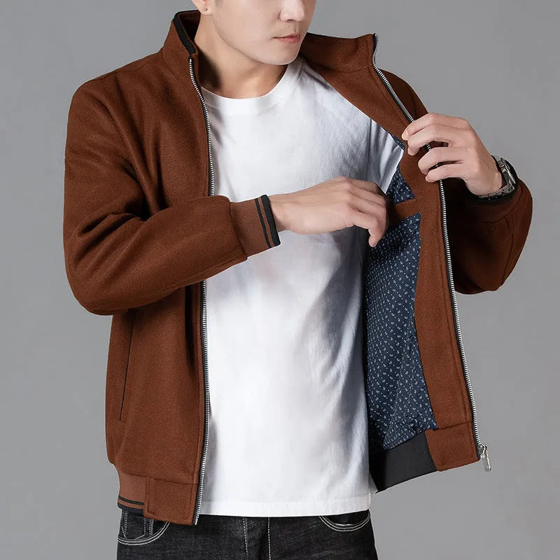 Men's gray wool fleece sport jacket with a stick pocket, shown on a hanger.