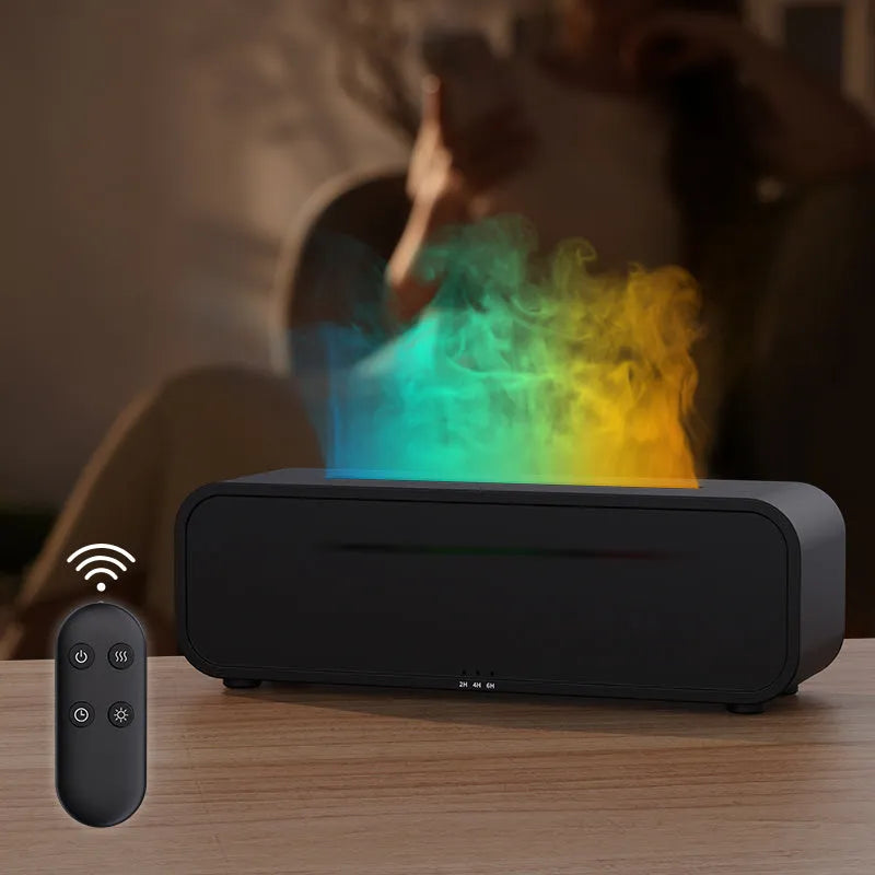 Black and white essential oil diffuser showing flame effect and colour-changing lights with remote control.