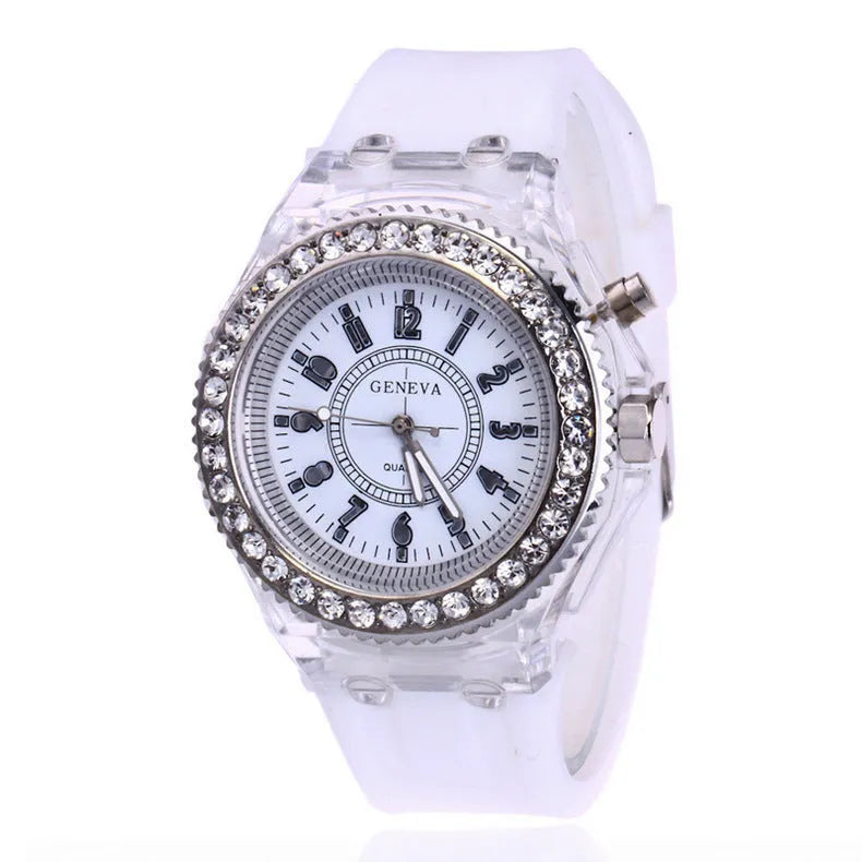 Geneva women's LED luminous quartz watch with silicone strap and round 43mm dial
