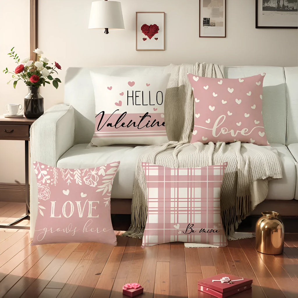 Plaid and heart print Valentine's Day pillow cover, 45 cm square, shown in one of four colour options.