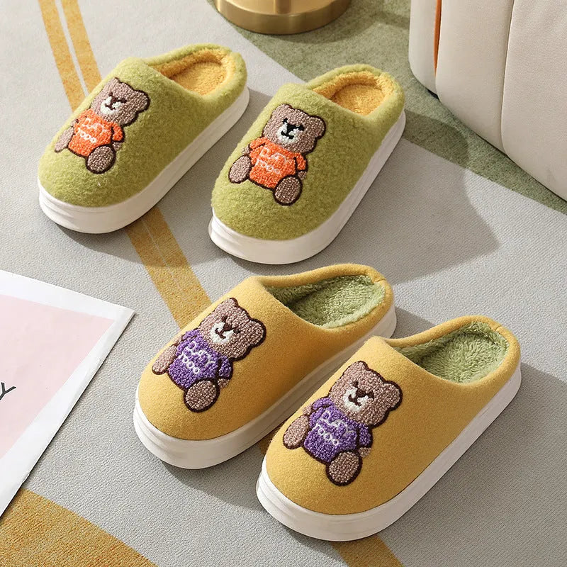 Lovely cartoon bear woolen slippers for women with plush upper and synthetic wool lining in dark blue