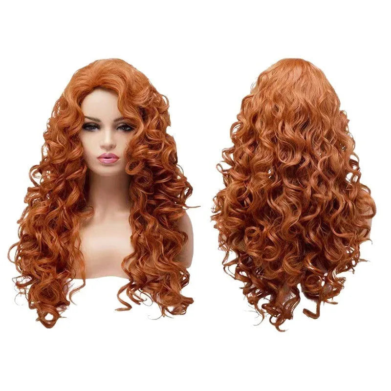Brown long curly wavy synthetic wig with instant noodles fluffy texture for Halloween cosplay