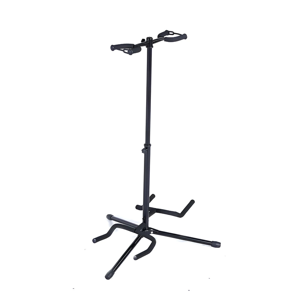 Black iron vertical double-headed adjustable guitar stand holding two guitars.