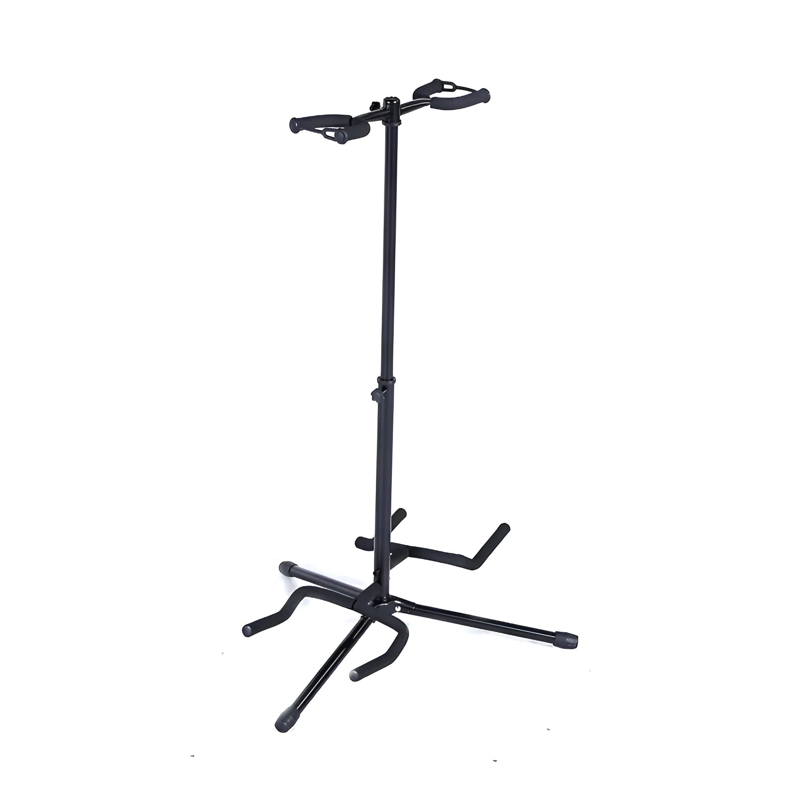 Black iron vertical double-headed adjustable guitar stand holding two guitars.