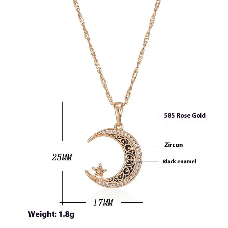 Rose gold star moon necklace with zircon pendant and adjustable chain