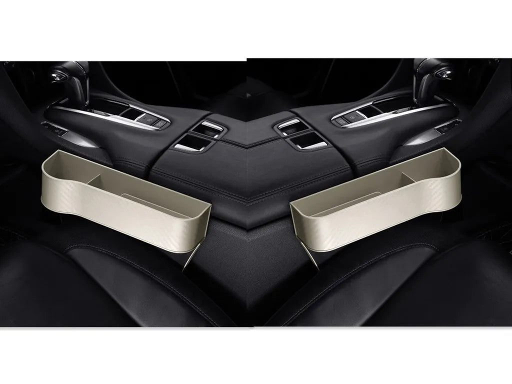 Car seat gap storage box with carbon fibre pattern fill slots for phone, wallet and keys between seat and console