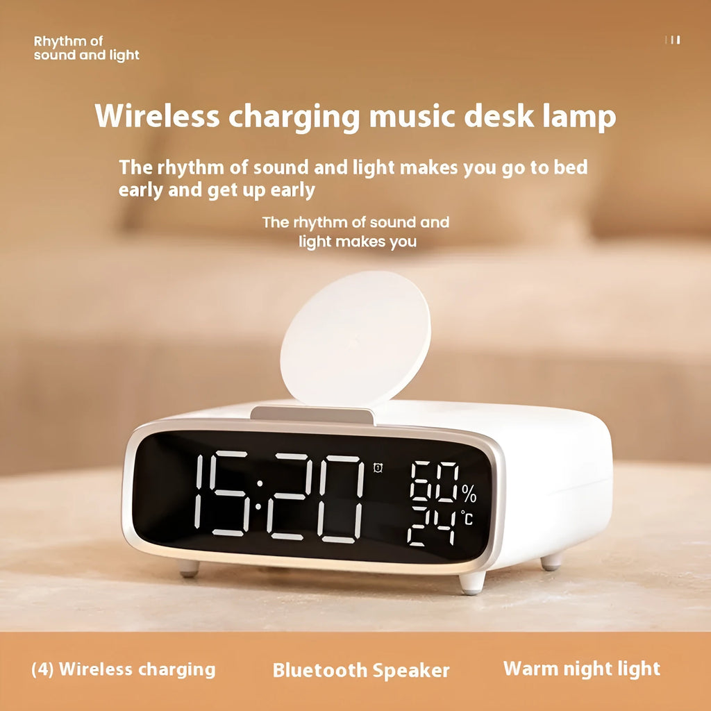 White wireless charging Bluetooth speaker alarm clock with LED night light on bedside table