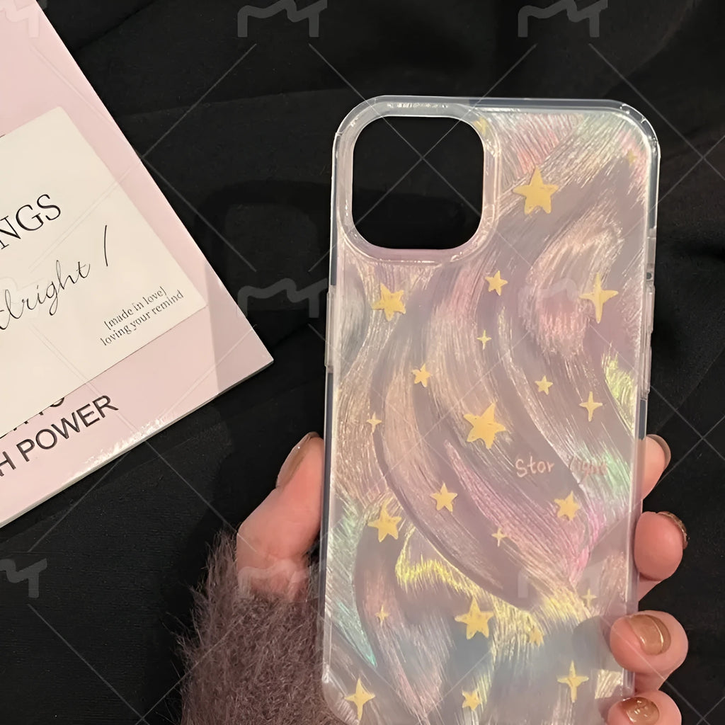 Ins laser gradient star full package hard case for iPhone 11, 12, and 12 Pro in blue tulip flowers or full stars design