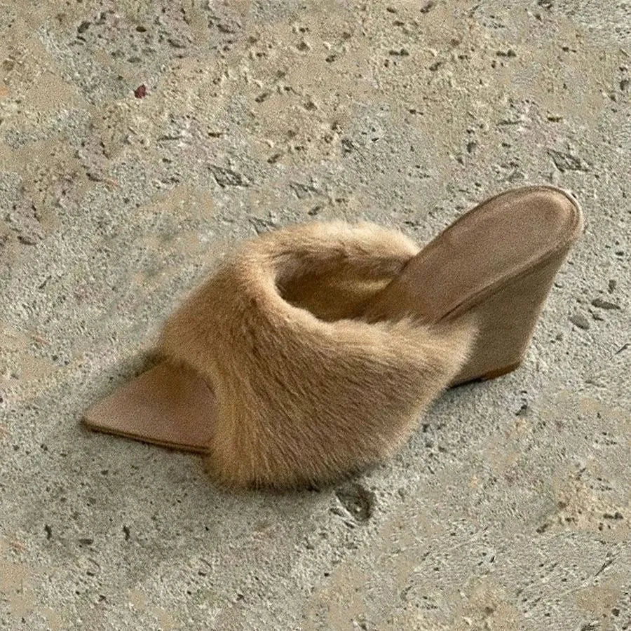 Apricot French casual wedge slippers with artificial plush upper and rubber sole for height increase