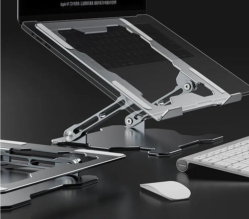 Grey adjustable aluminium laptop stand in folded and extended positions showing hollow panel design