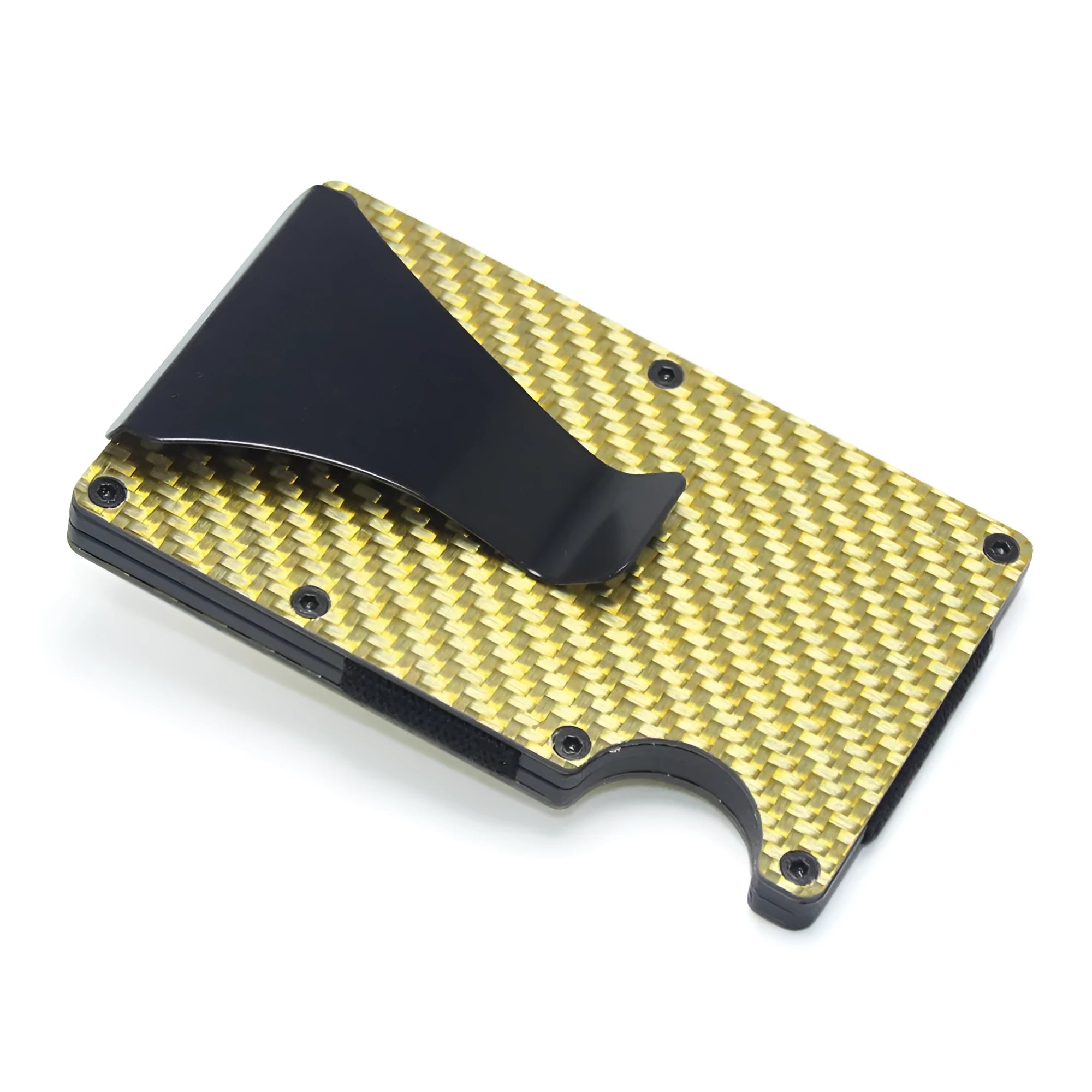 Geometric carbon fibre card wallet with business cards showing 8mm thickness