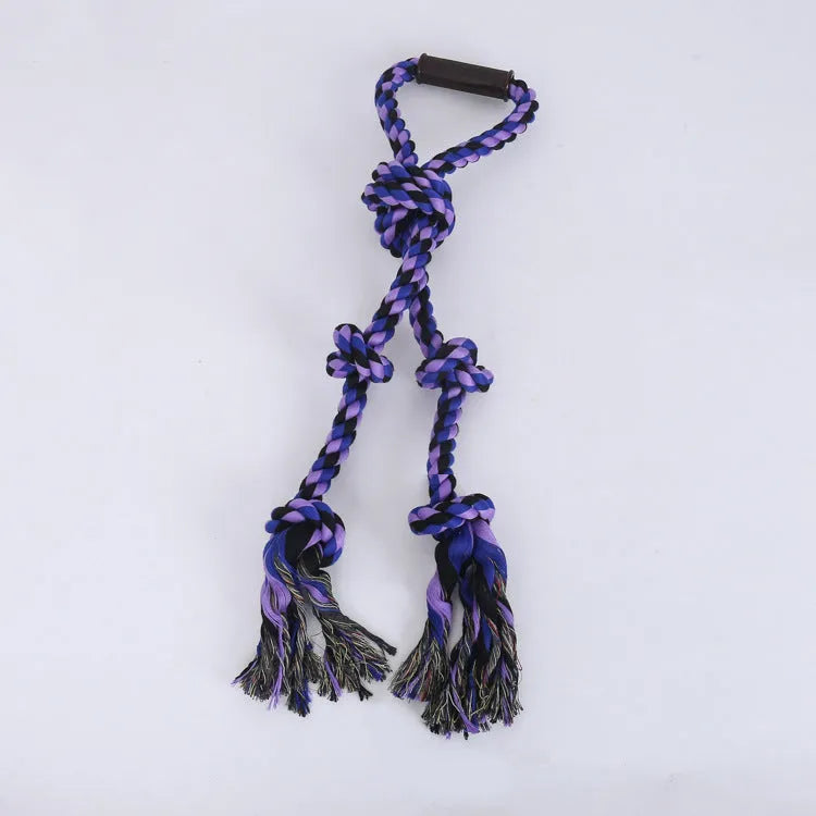 Blue and yellow heavy-duty cotton rope tug toy for large dogs with a sturdy handle.