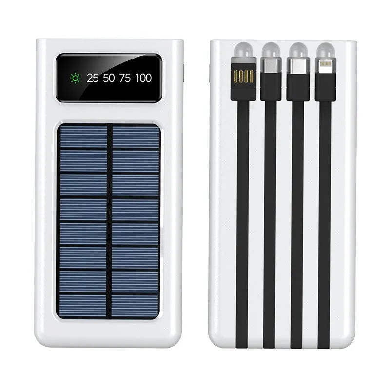Black solar power bank with 20000mAh capacity and built-in charging cable for mobile phones