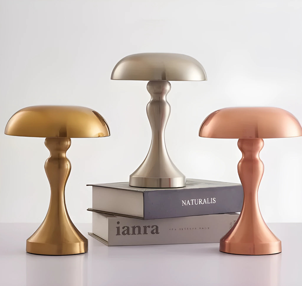 Metallic USB rechargeable LED desk lamp with touch control showing three colour light options.