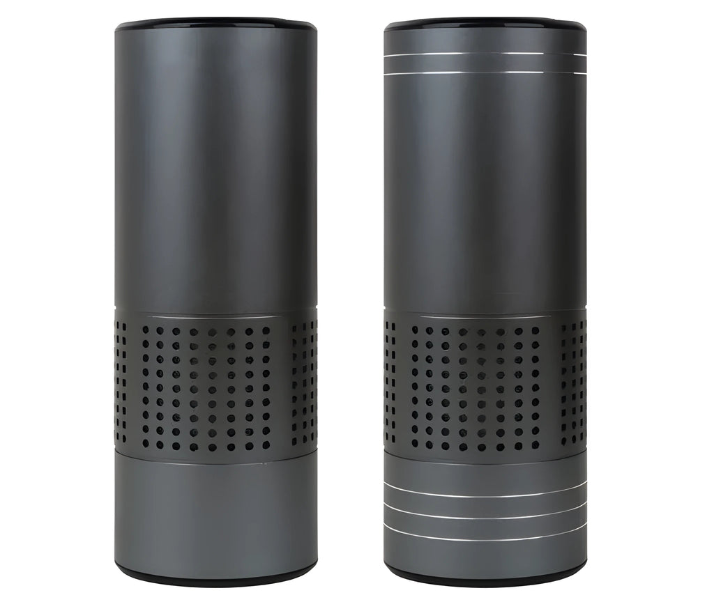 Aluminium alloy car air purifier with display screen and USB cable for 7-seat vehicles.