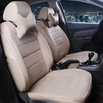Cow leather car seat cover in a binding style, shown in beige and black with red colour variants.