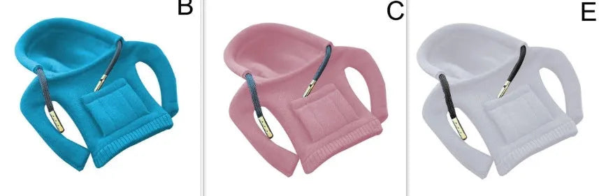 Cloth gear shift knob hoodie cover shown in multiple colours next to a car gear lever.