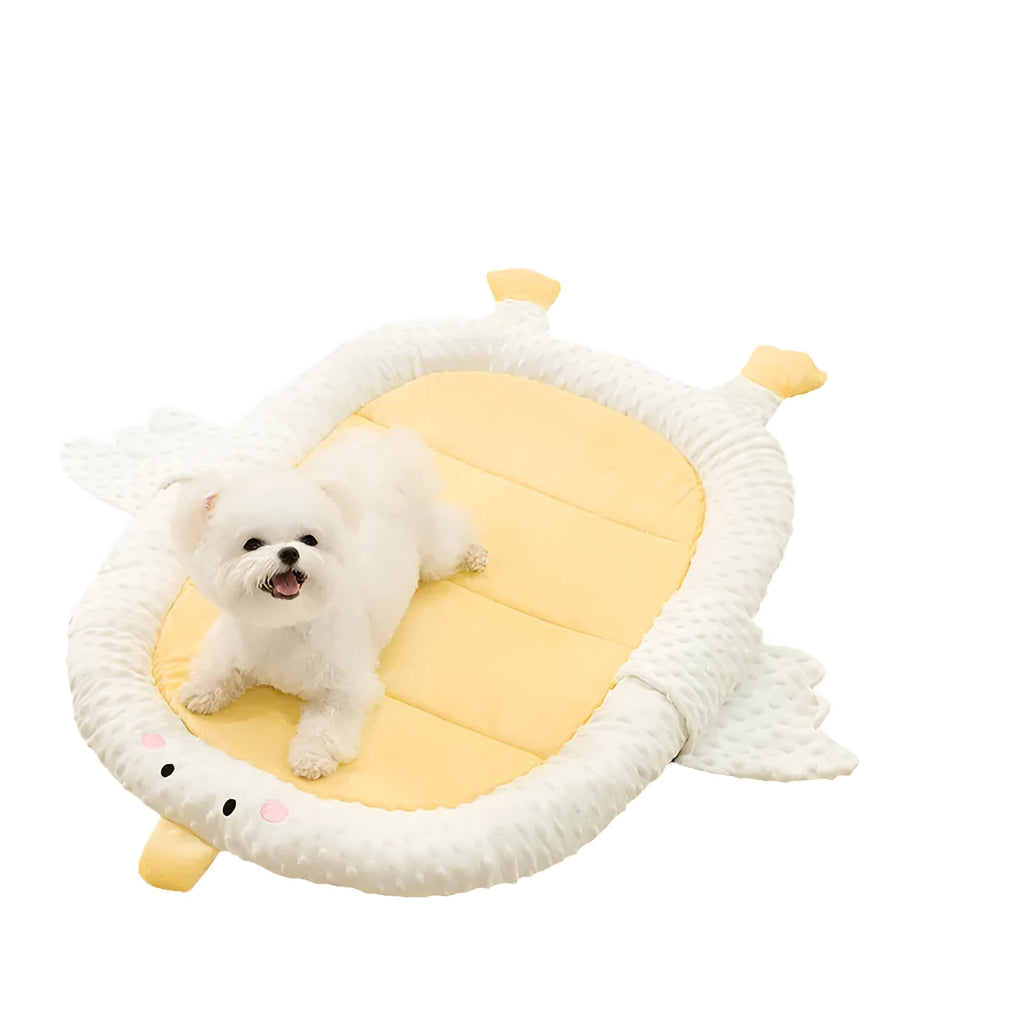 Grey waterproof orthopedic dog sofa bed with raised edges and a removable cover.