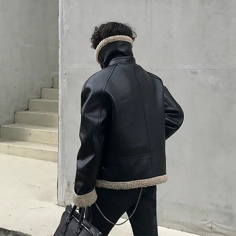 Men's black fleece padded collar lambskin leather jacket made from PU material