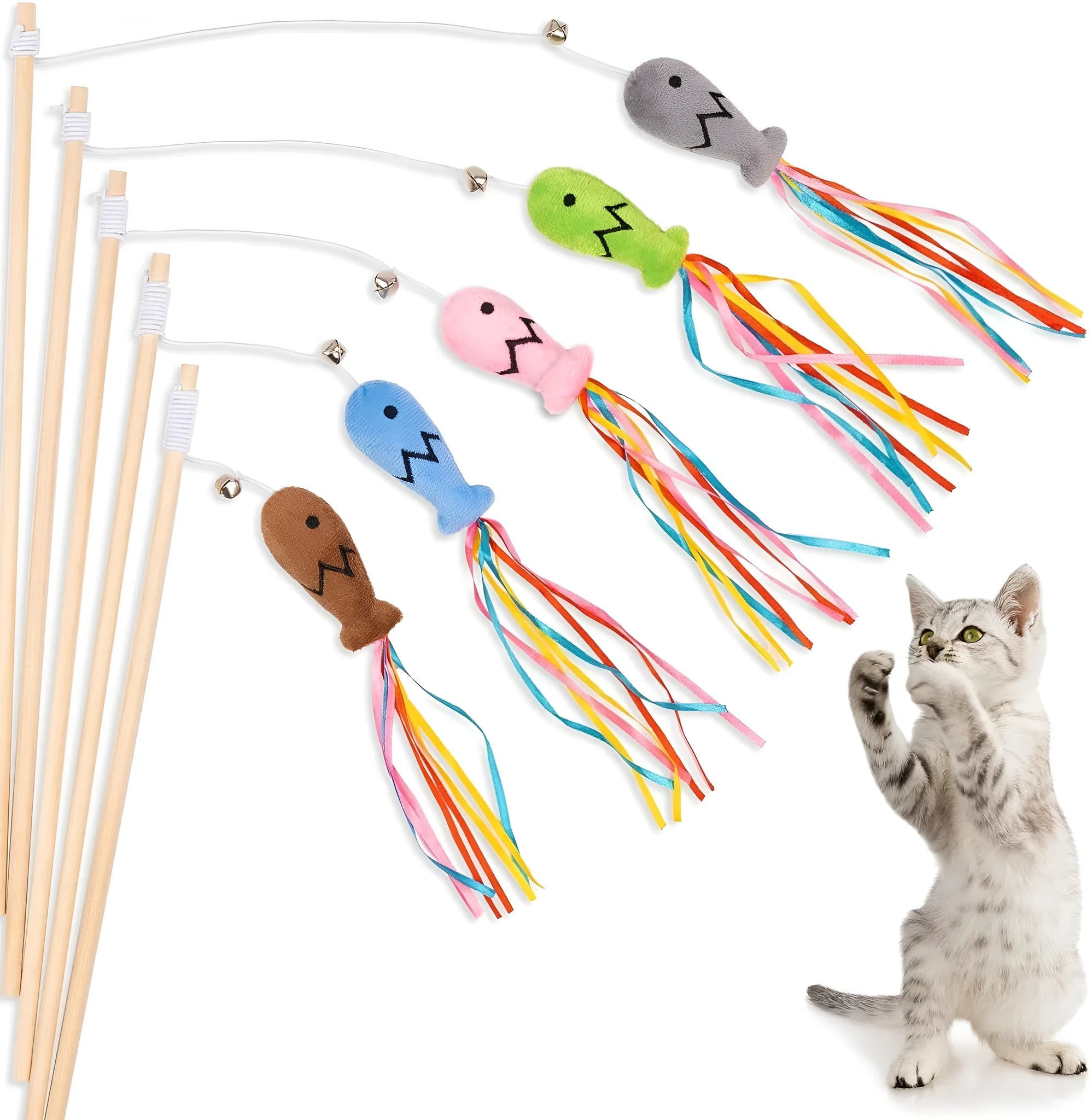 Colourful cat wand toy with ribbons, bell, and catnip fish on a wooden handle.