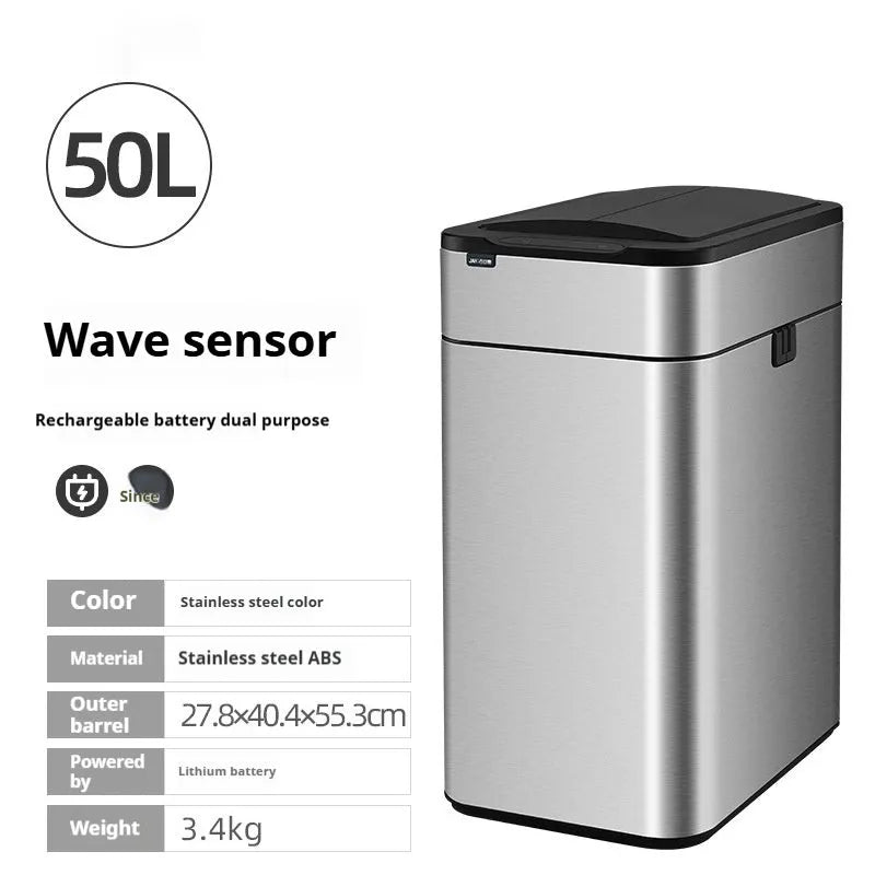 Stainless steel square inductive smart trash can with automatic sensor lid and deodorant function.