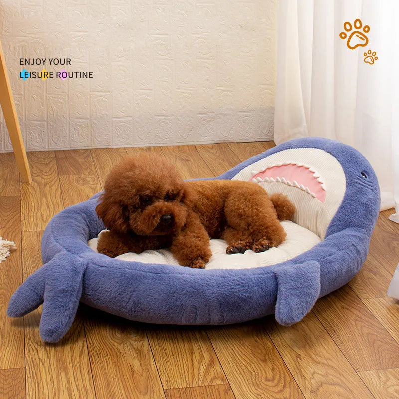 Shark pattern pet bed cushion in blue or grey with non-slip base for dogs and cats