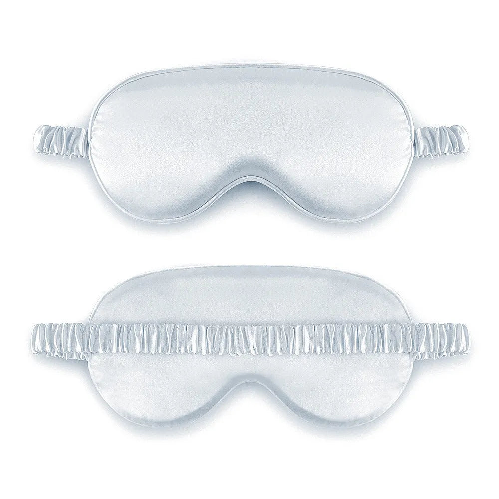Double-sided rayon elastic satin sleep mask shown in multiple colour options including black, sky blue, and wine red.