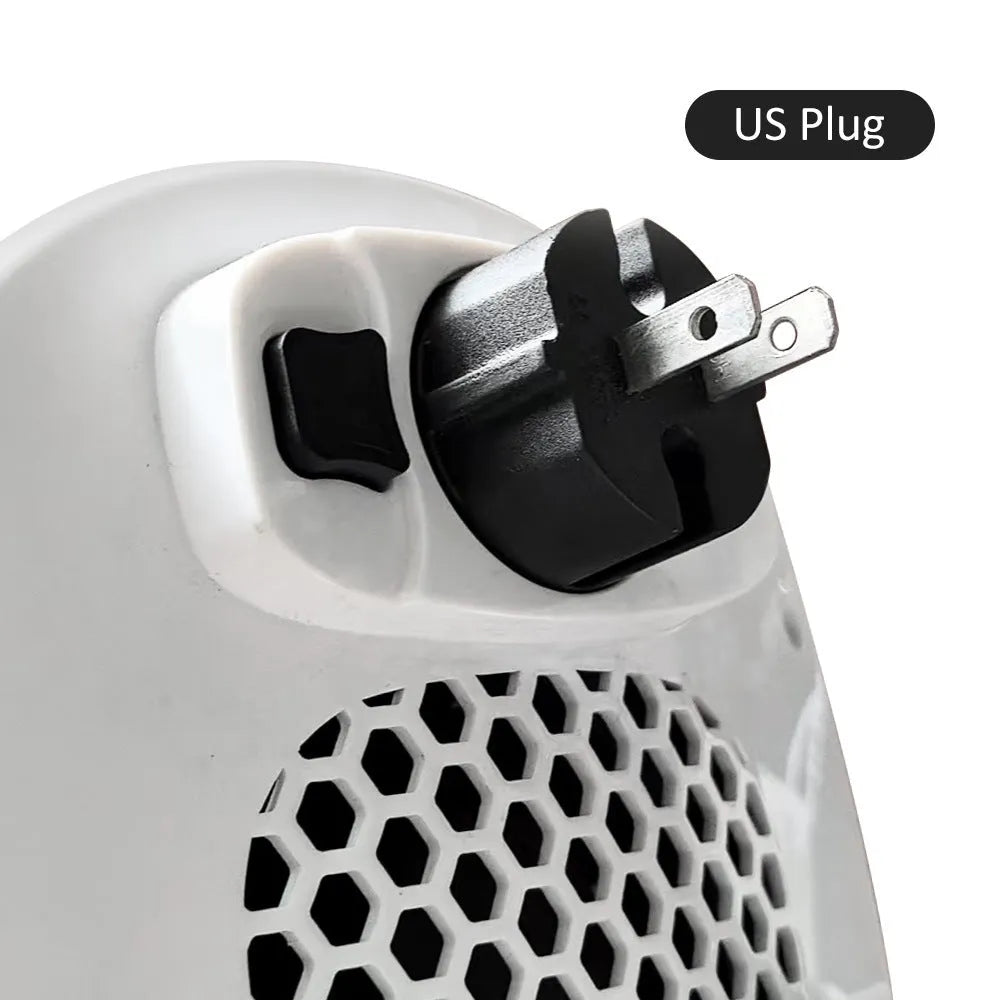 White ceramic heating electric hot air blower with remote control on a table