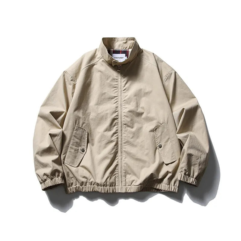 Japanese outdoor stand-up collar casual jacket in solid khaki colour with side pockets