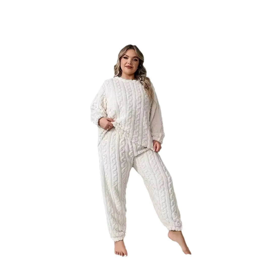 Creamy white women's plush polyester lounge set with crew neck top and matching trousers