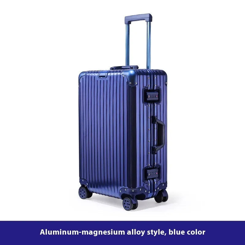 Alloy trolley case luggage in solid colour for business travel with metal construction and universal wheels