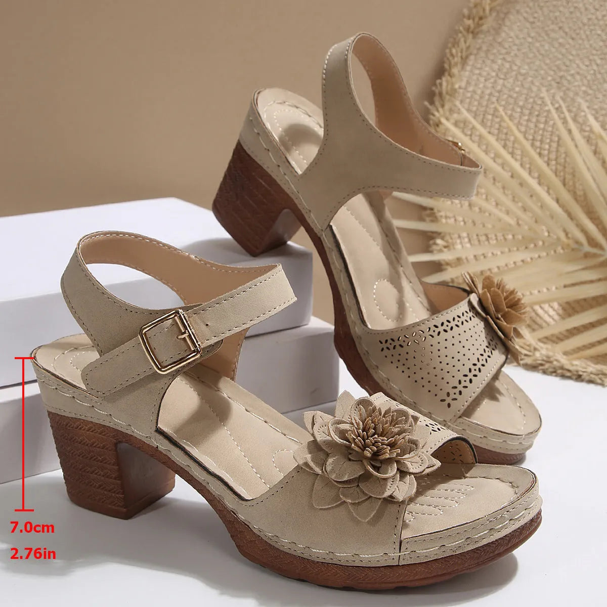 Women's chunky heel platform sandals with T-shaped buckle, round toe, synthetic leather upper, available in plus sizes