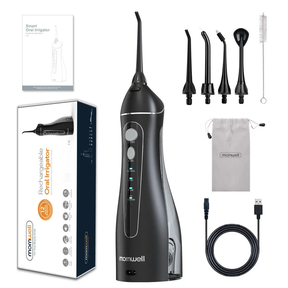 Black portable oral irrigator with water tank and nozzle for dental cleaning