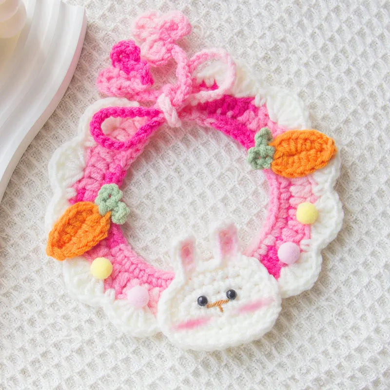 Hand-woven wool cat collar with cartoon Underwater World pattern in blue, size example on a light background