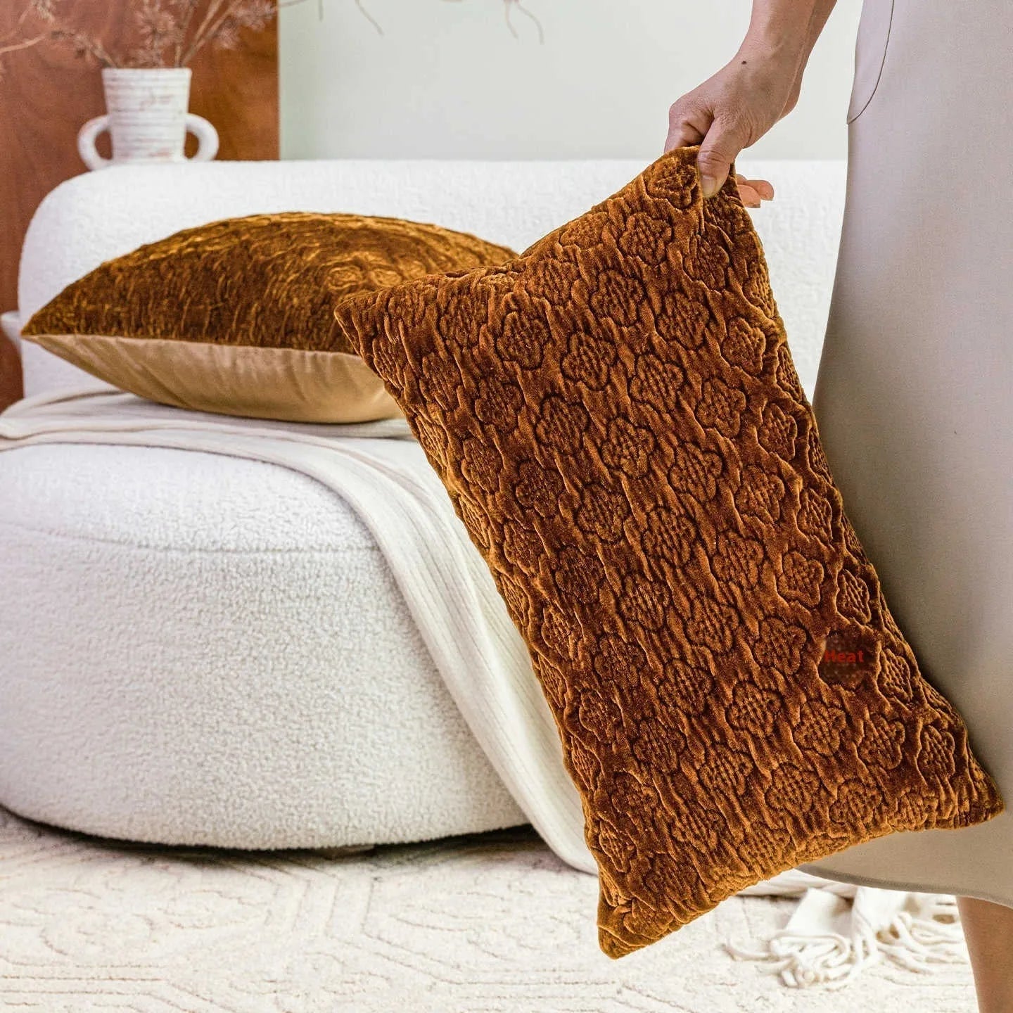Traditional Chinese antique-style quilted cushion pillow in brown gold colour with three-dimensional pattern