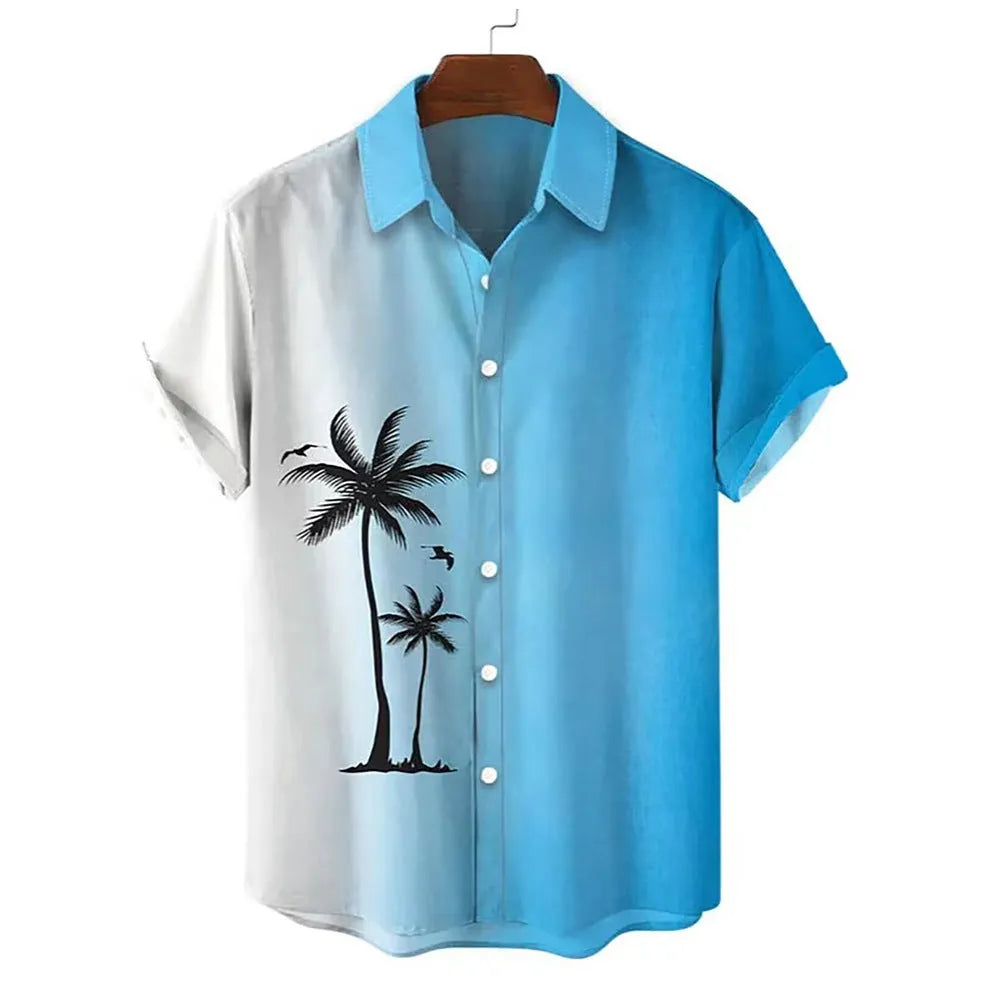 Men's short-sleeved Hawaiian shirt with a colourful 3D printed pattern, on a mannequin.