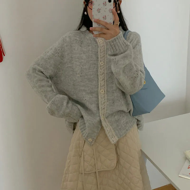 Korean art retro sweater coat cardigan in viscose fibre fabric available in apricot green pink light grey colours