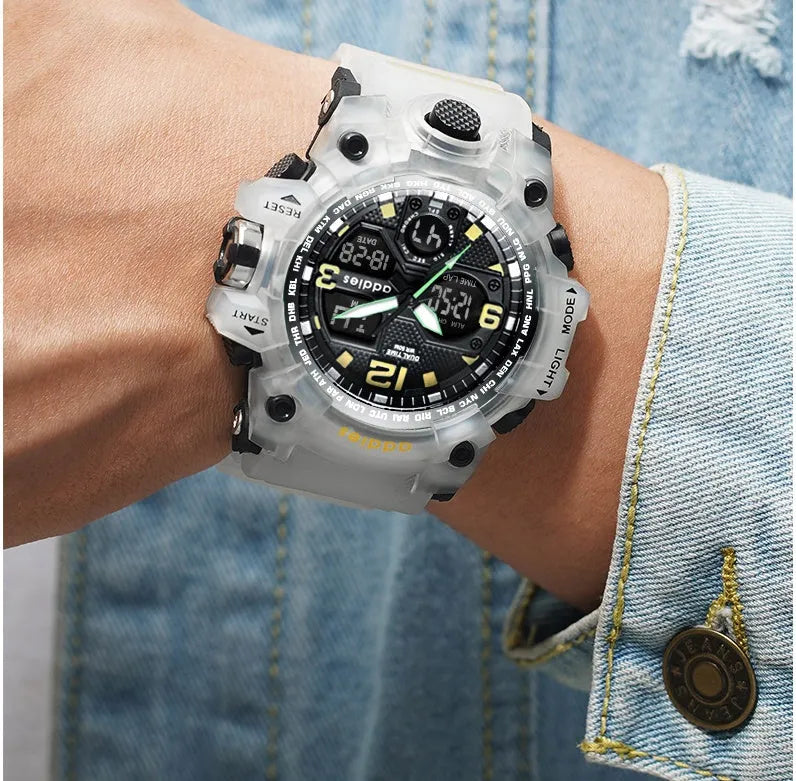 Men's black and red dual display sports watch with analogue hands and digital screen on a plastic strap.