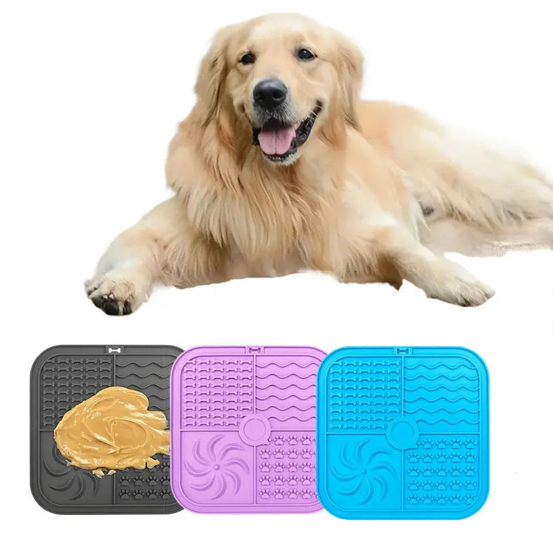 Silicone pet slow food mat with bottom suction cups in gray colour on smooth floor