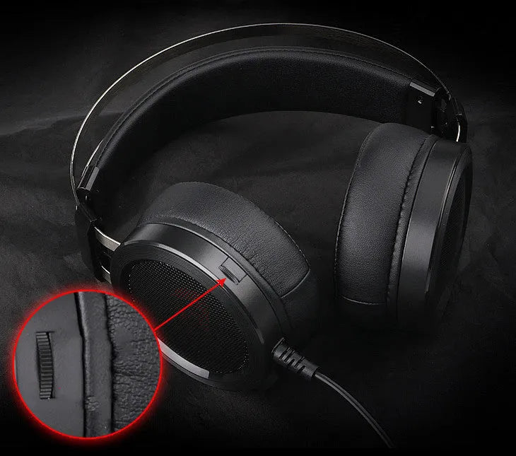 Black wired computer gaming headset with a 3.5mm plug and long cable.