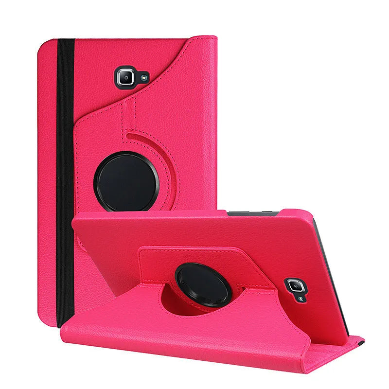Tablet leather case with rotating stand in clamshell design showing ten colour options