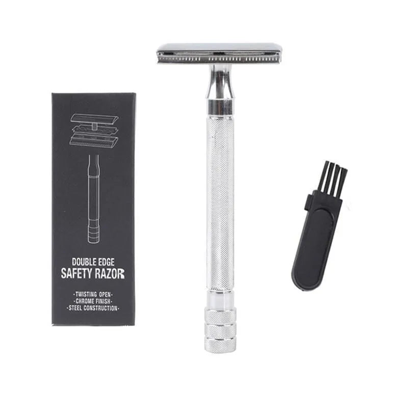 Traditional manual beard shaver with metal scraper and wooden brush grooming kit