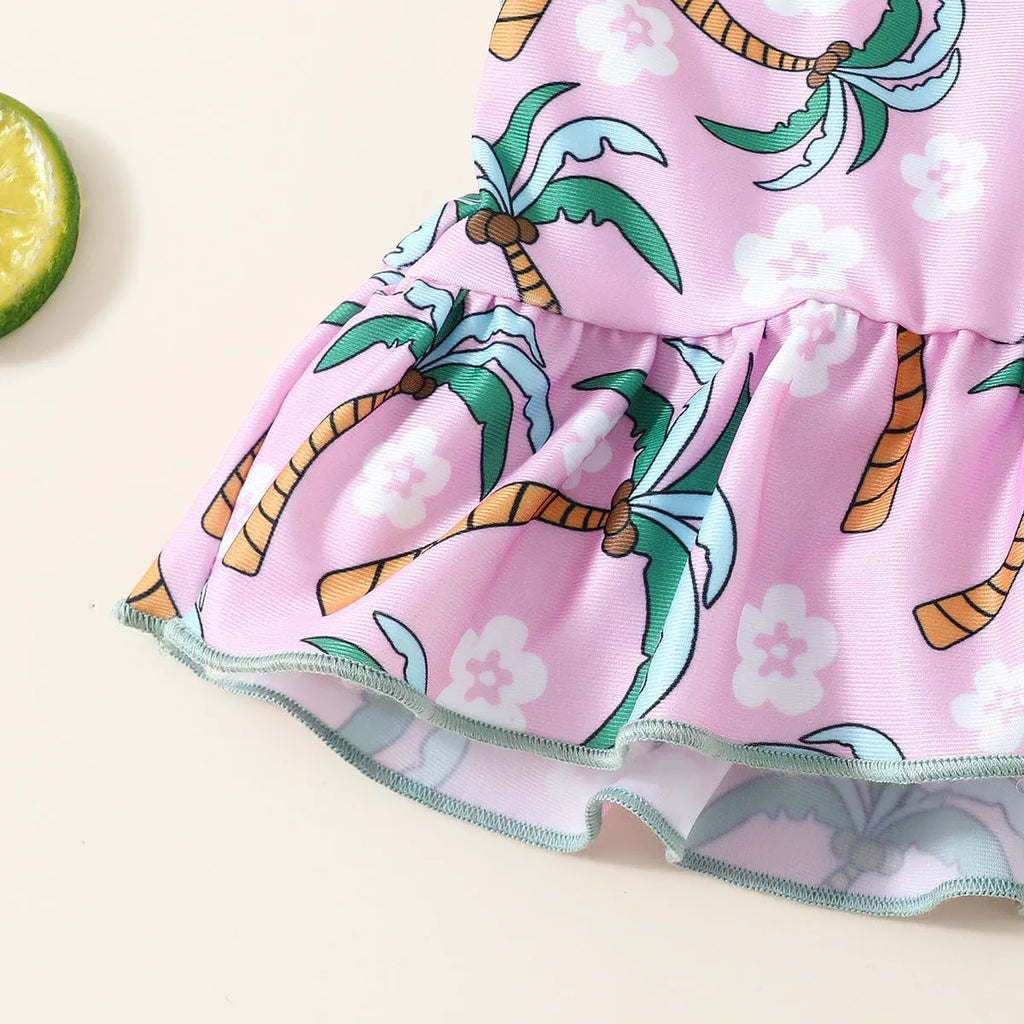 White children's sweet style swimsuit set with shirt and shorts on a hanger.