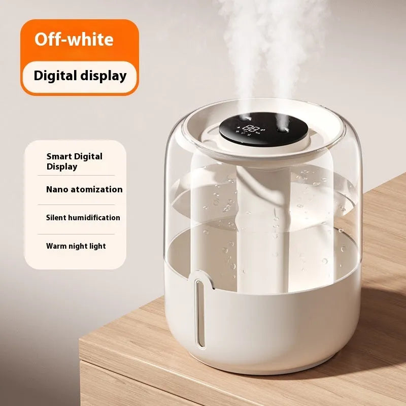 Beige round humidifier with dual spray nozzles, humidity display, and USB power cable