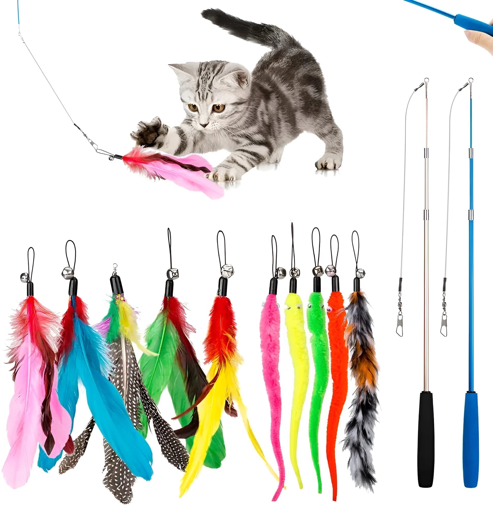 Cat teasing fishing rod toy with feather attachments, two poles and ten interchangeable heads